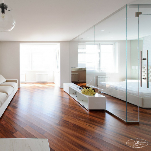 гостинная и спальня разделенные стеклянной перегородкуой